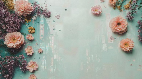 ぼんやりと映る繁華街を彩るフラワーアレンジメント