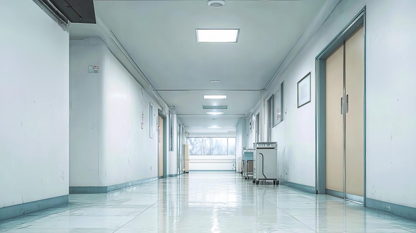 白い壁と光沢のある床の病院廊下、両側にドアが並ぶ