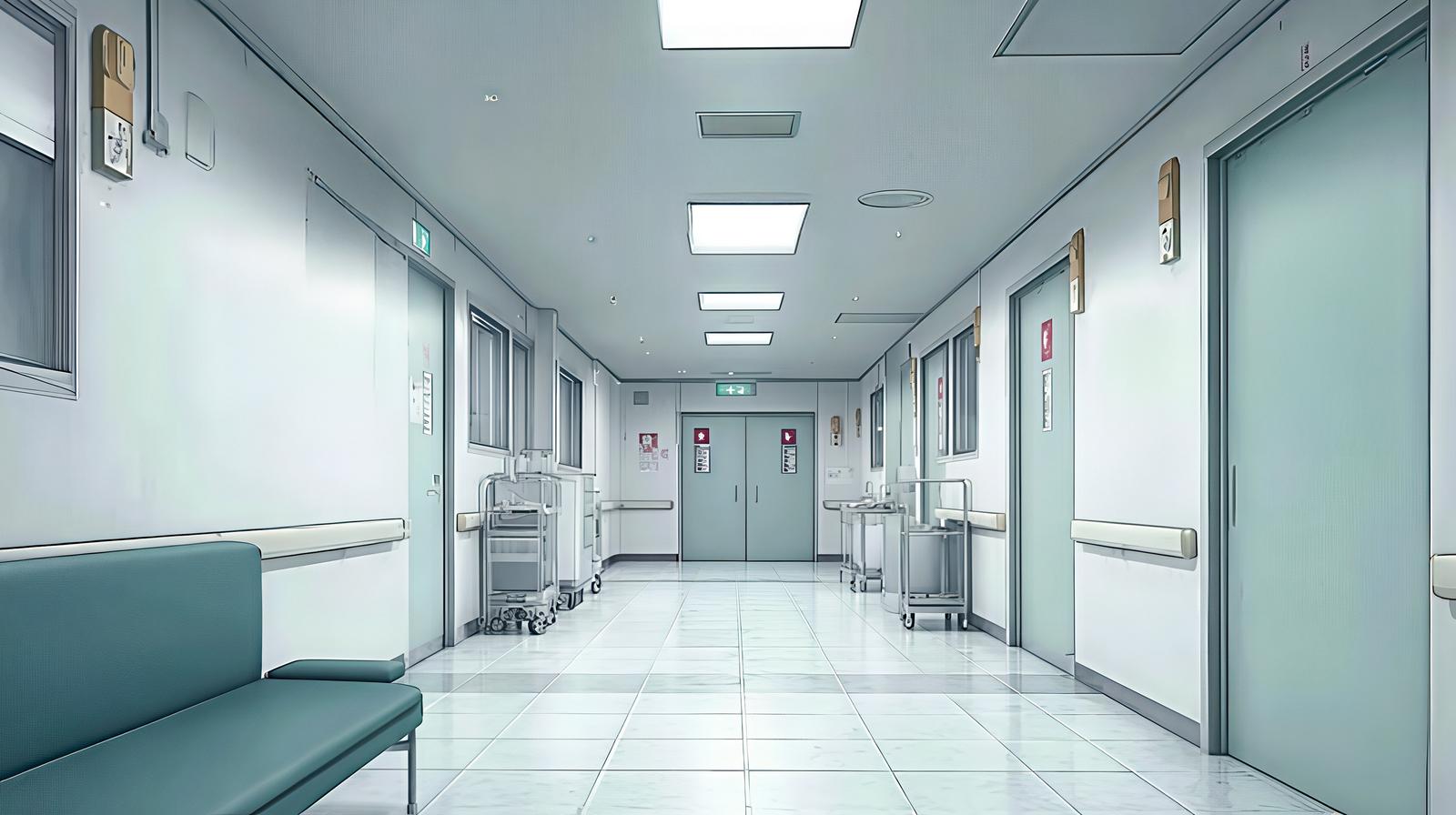 無人の病院の廊下にベンチと医療用ワゴンが並ぶAI画像