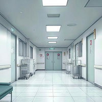 静寂に包まれた病院の白い廊下と診察室、蛍光灯と青緑色ベンチの写真