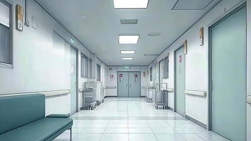 静寂に包まれた病院の白い廊下と診察室、蛍光灯と青緑色ベンチ
