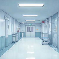 手術室につながる病院の廊下、蛍光灯と非常口の医療施設の写真