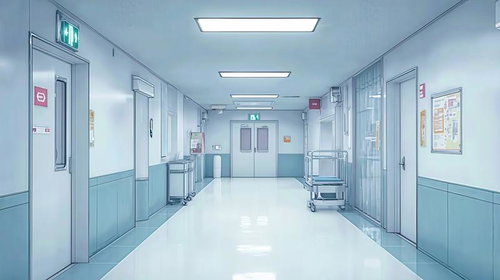 手術室につながる病院の廊下、蛍光灯と非常口の医療施設