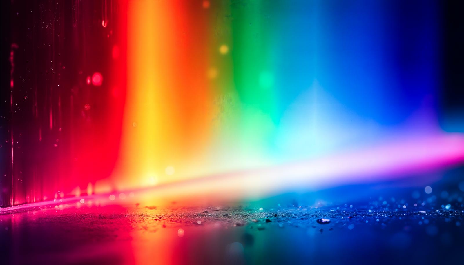暗闇に虹色のスペクトル光が広がり、光の粒が舞うアブストラクトな背景