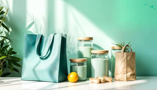 エコバッグとガラス瓶のナチュラルな買い物グッズ