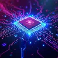 青く発光するCPUチップと回路基板の写真