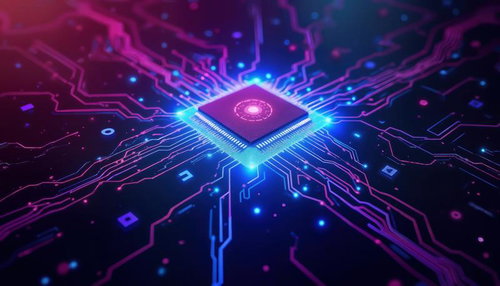 青く発光するCPUチップと回路基板