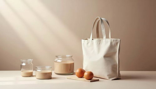 白いトートバッグと瓶詰めの食材