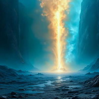 渓谷から立ち上る光の柱のAI画像