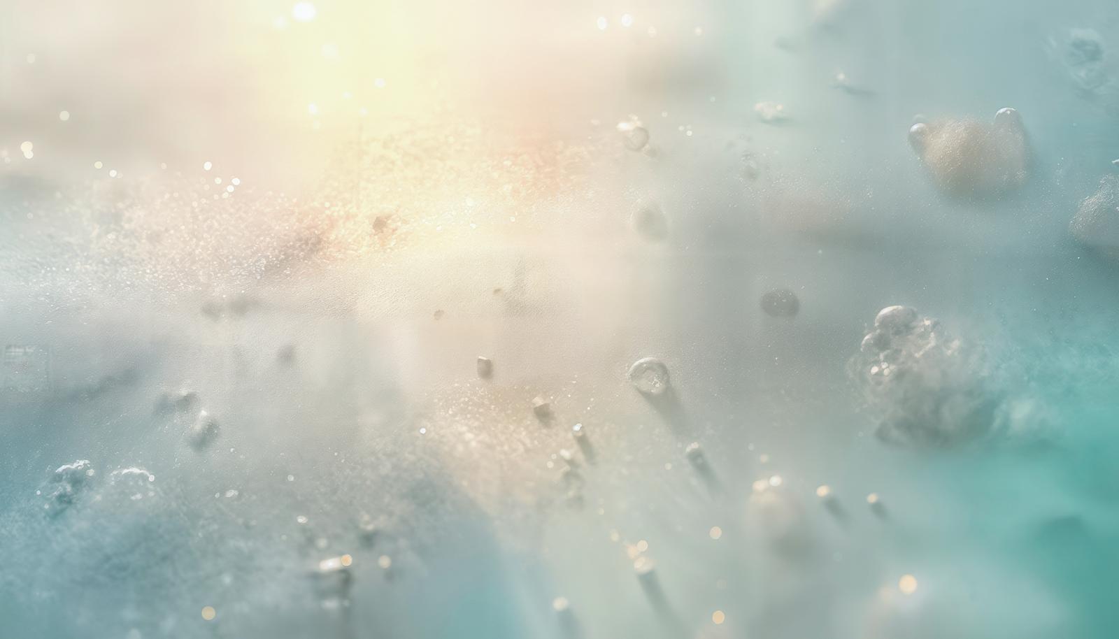 光の粒と水滴が散らばる淡い水色とクリーム色の抽象的な背景