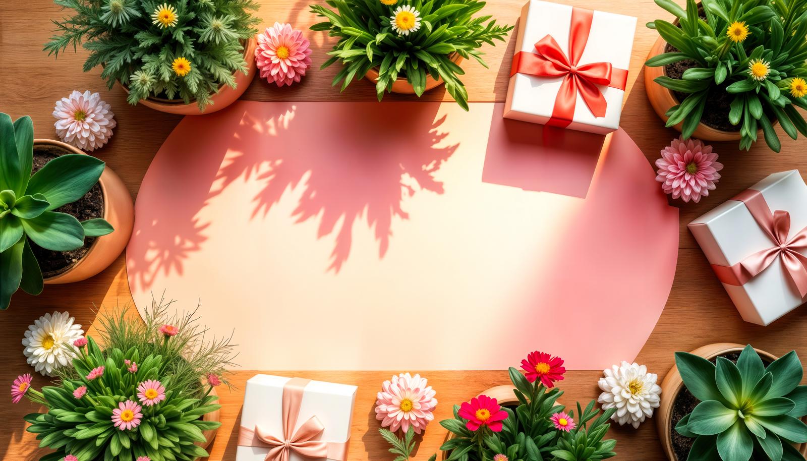 鉢植えの花とリボン付きギフトボックスが木製テーブルを囲み、中央にピンクの余白が広がる俯瞰画像