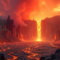 溶岩が流れ落ちる火山の渓谷のAI画像