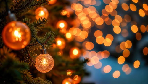 オレンジに灯るクリスマスツリーのオーナメント