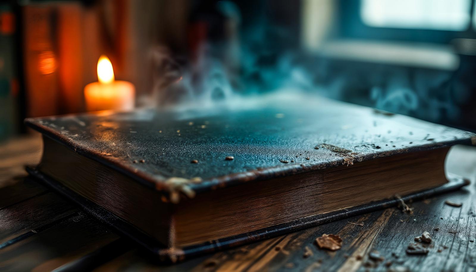 古びた革表紙の魔導書から煙が立ち上り、奥でろうそくが灯る机上の情景