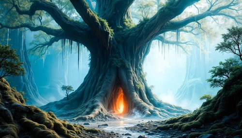 洞に炎が灯る幻想の大樹のAI素材