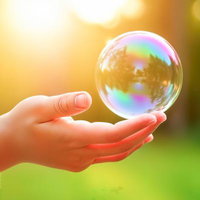 シャボン玉を手にのせる子供の手のAI画像