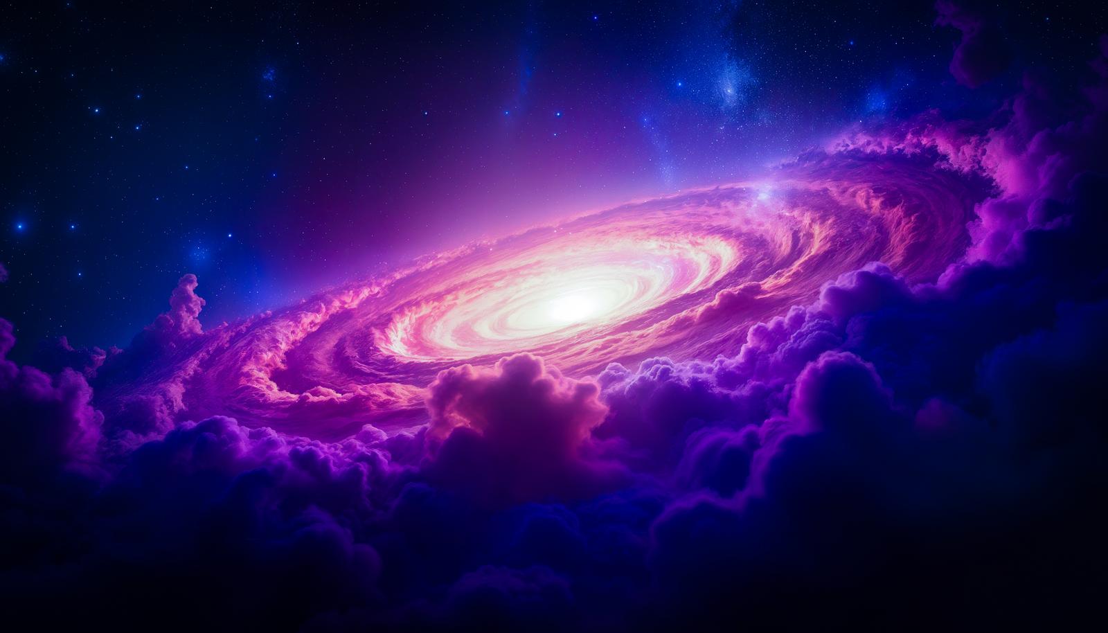 渦を巻く銀河と紫やピンクの雲が広がる宇宙のAI画像
