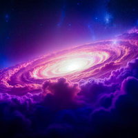 渦巻銀河と紫の雲が広がる宇宙のAI画像
