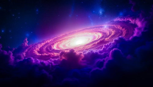 渦巻銀河と紫の雲が広がる宇宙
