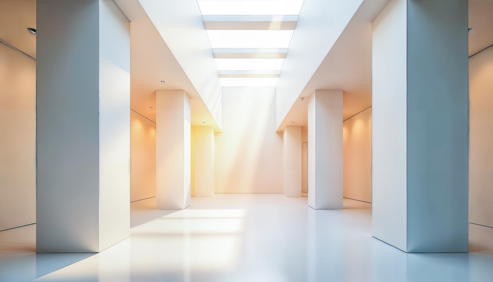 Indoor space of an entrance hall with white pillars lined up, with sunlight streaming down from the ceiling