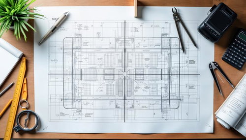 デスクに広げた建築図面と製図道具