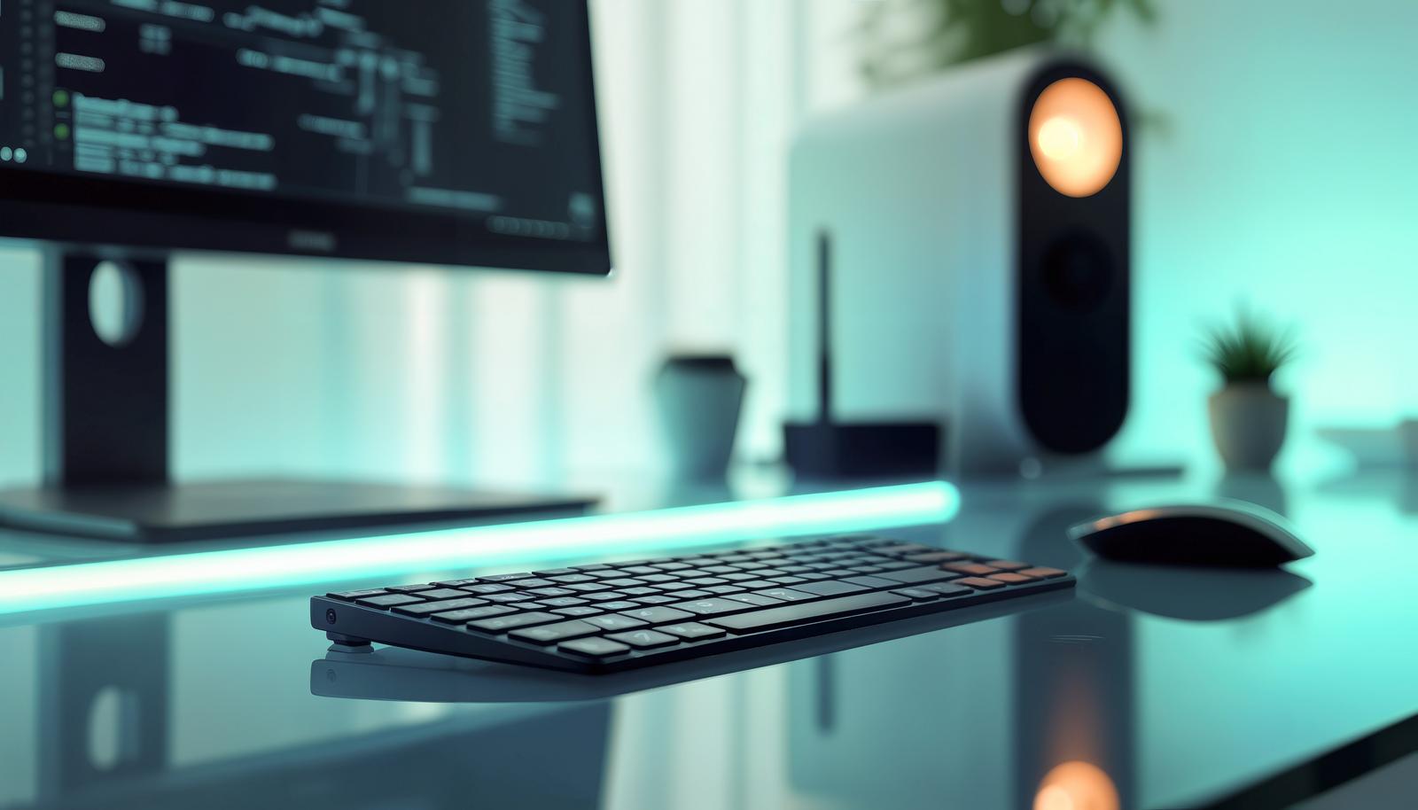 青いLEDライトに照らされたガラスデスクの上に置かれた黒いキーボードとマウス