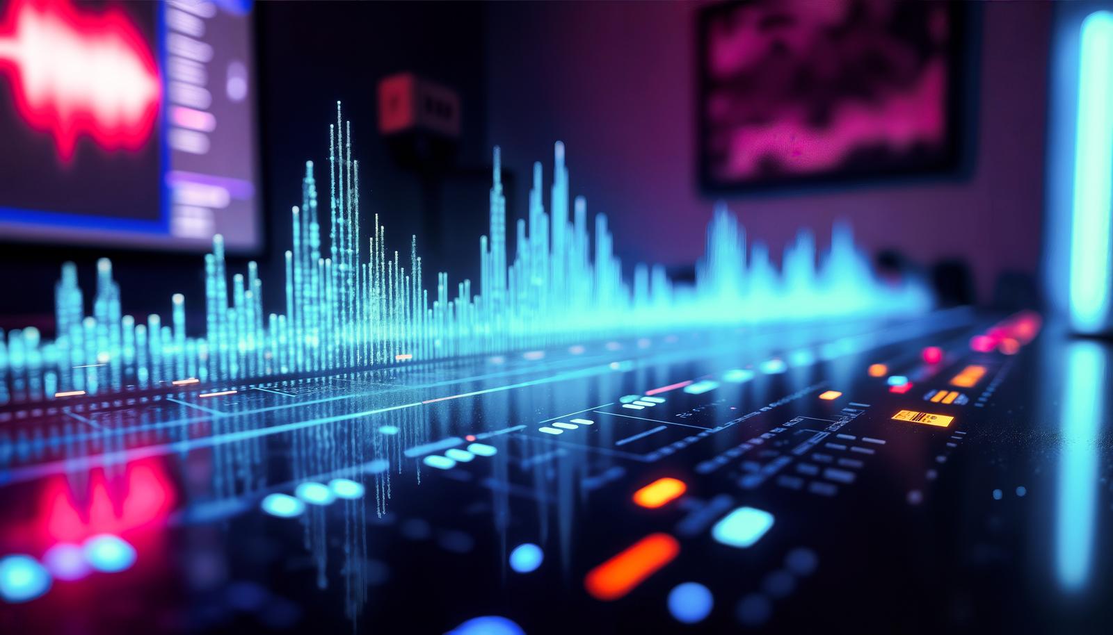 Blue glowing sound wave visualization graph and mixer console-like control panel arranged in a dark space