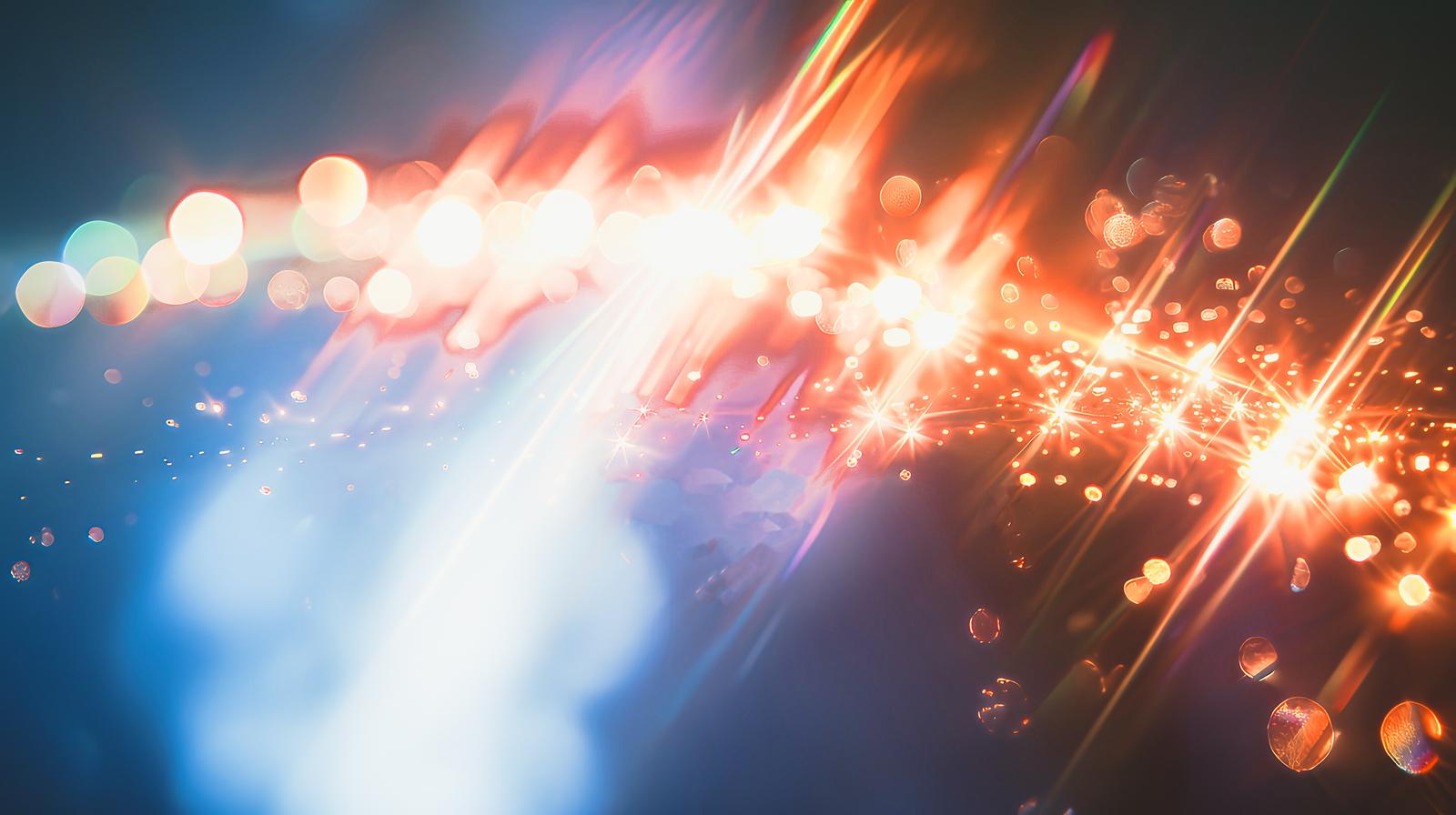 青とオレンジの光が交差し、輝く粒子が散らばる抽象的な光の背景