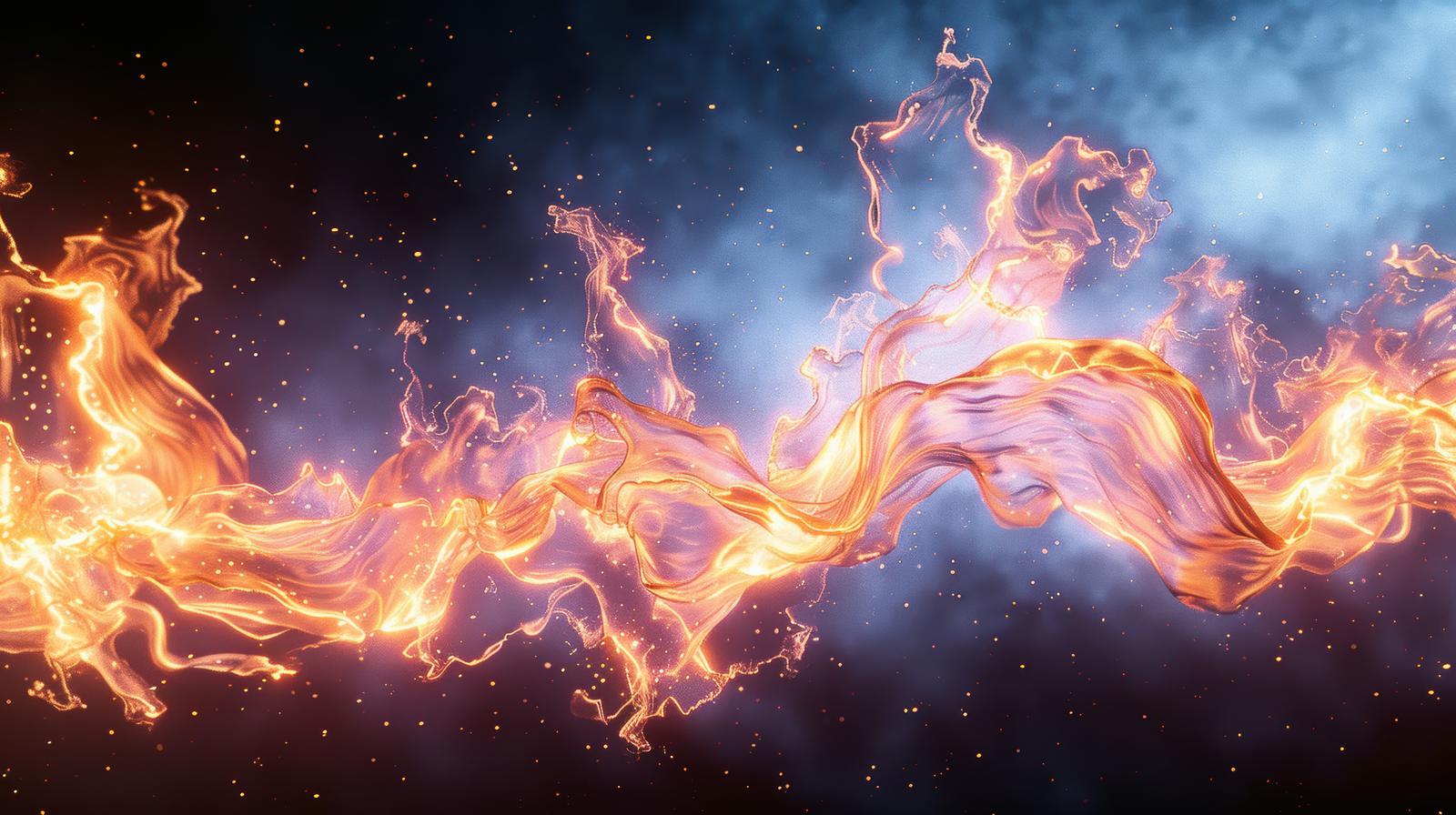 黄金色とオレンジの炎が激しく波打ち渦巻くエネルギー表現