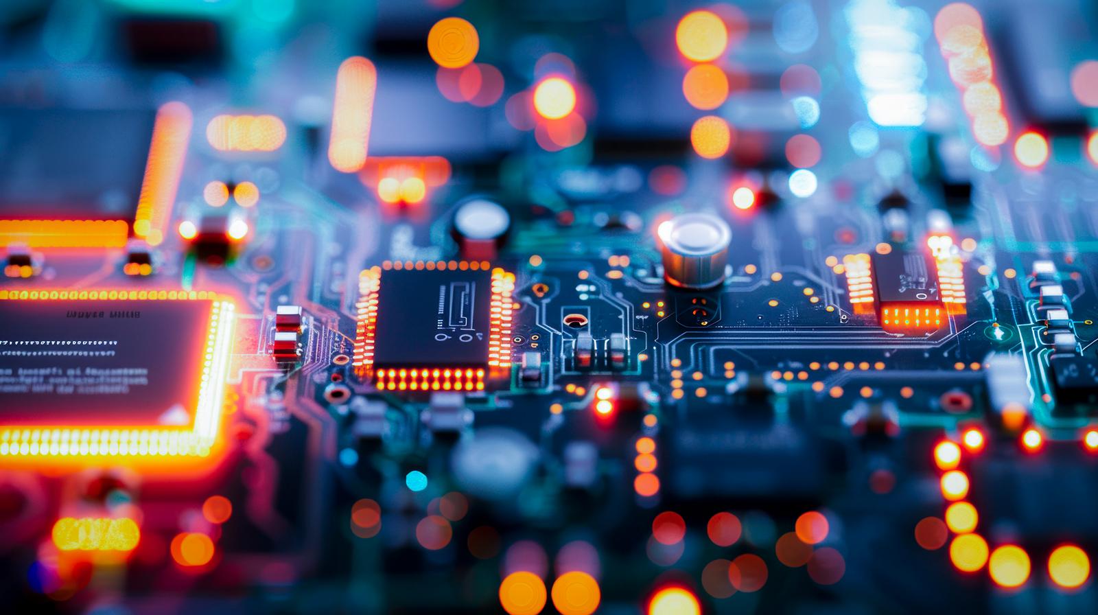 電子回路基板のクローズアップとLEDの光