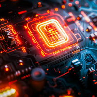 発光する電子回路と集積回路の半導体チップの写真