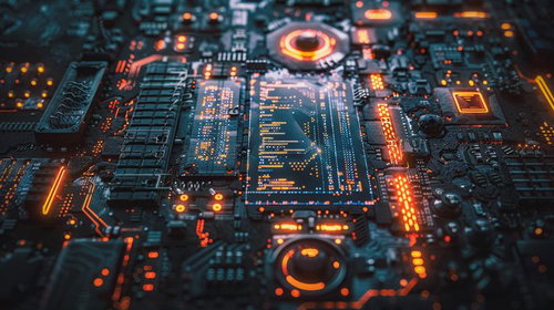 オレンジ色に発光する集積回路と光の輝きが際立つ電子基板