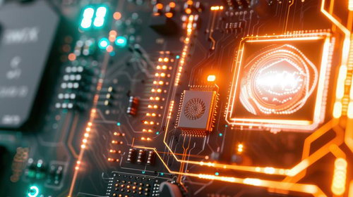 光る集積回路と電子基板が映し出すハイテク風景