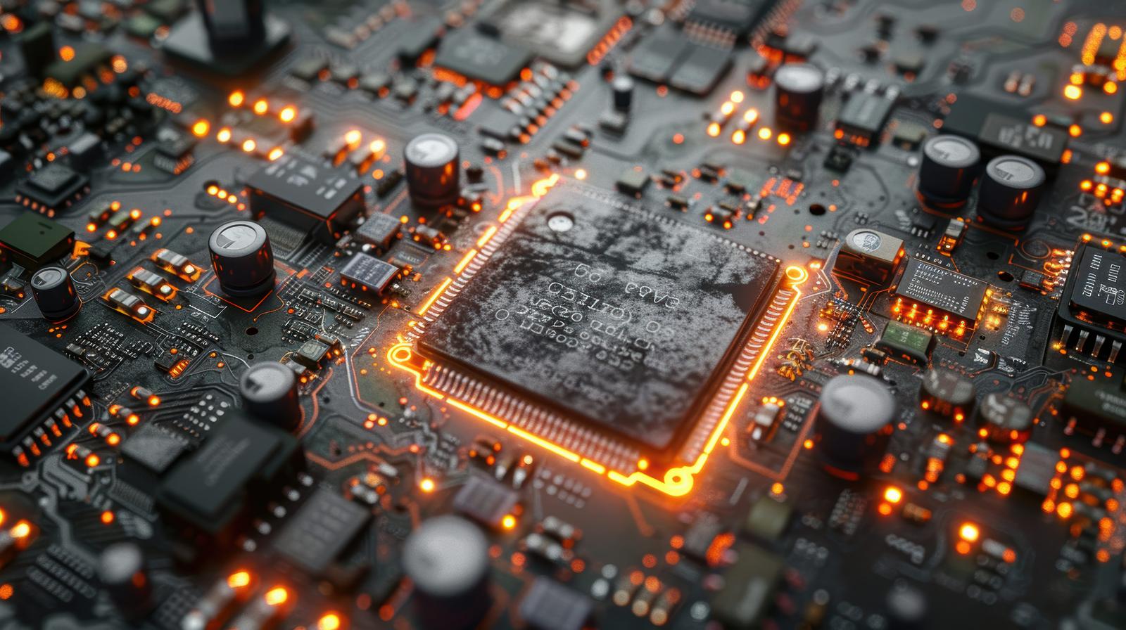 発光するオレンジ色の光に包まれた電子基板と半導体チップ