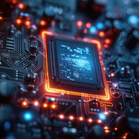 オレンジ色に発光する半導体チップと電子回路の精密設計の写真