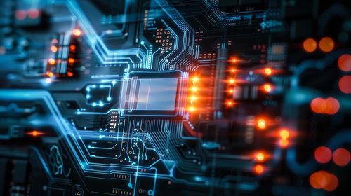 青と赤に光る精密な電子回路の集積基板とLED配線パターン