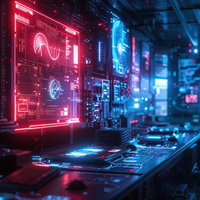 ネオンが光るハイテク風制御室のホログラム画面のAI画像