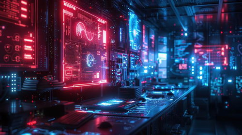 ネオンが光るハイテク風制御室のホログラム画面