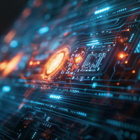 オレンジとブルーの光を放つ電子回路基板の写真