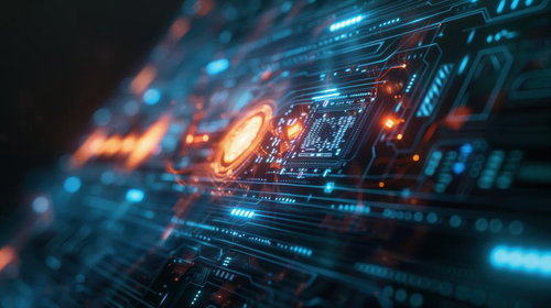 オレンジとブルーの光を放つ電子回路基板