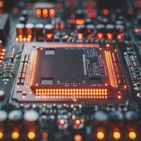 近未来的なオレンジ色の光を放つCPUチップと電子基板の写真