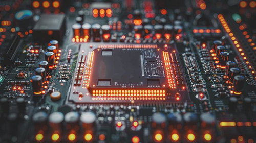近未来的なオレンジ色の光を放つCPUチップと電子基板