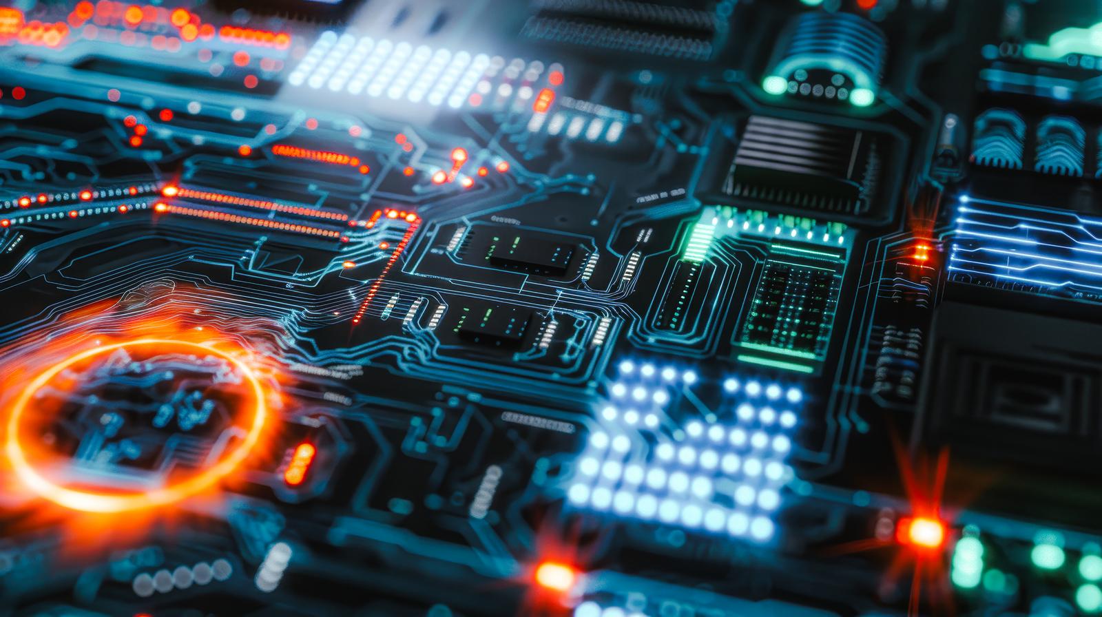 青と白と赤のLEDが点灯する電子基板にオレンジ色の光が発光する画像