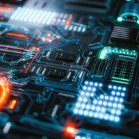 青とオレンジの光が輝く電子基板とLEDの発光の写真