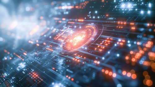 光る円形エレメントと発光線路を持つ先端テクノロジー基板