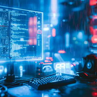 サイバーパンク調の発光コードが表示されたモニターと作業環境の写真