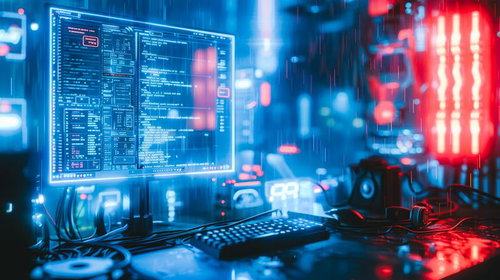 サイバーパンク調の発光コードが表示されたモニターと作業環境