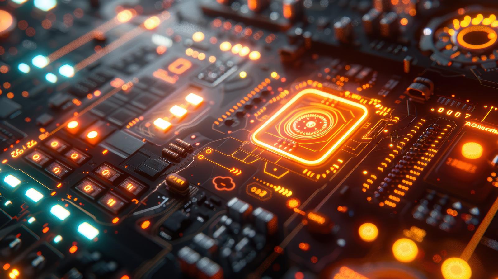 オレンジ色に発光する複数の電子回路基板とLEDが点灯したAI生成画像