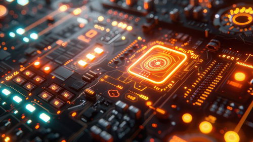 未来的なオレンジに輝く電子回路基板の光と半導体チップ