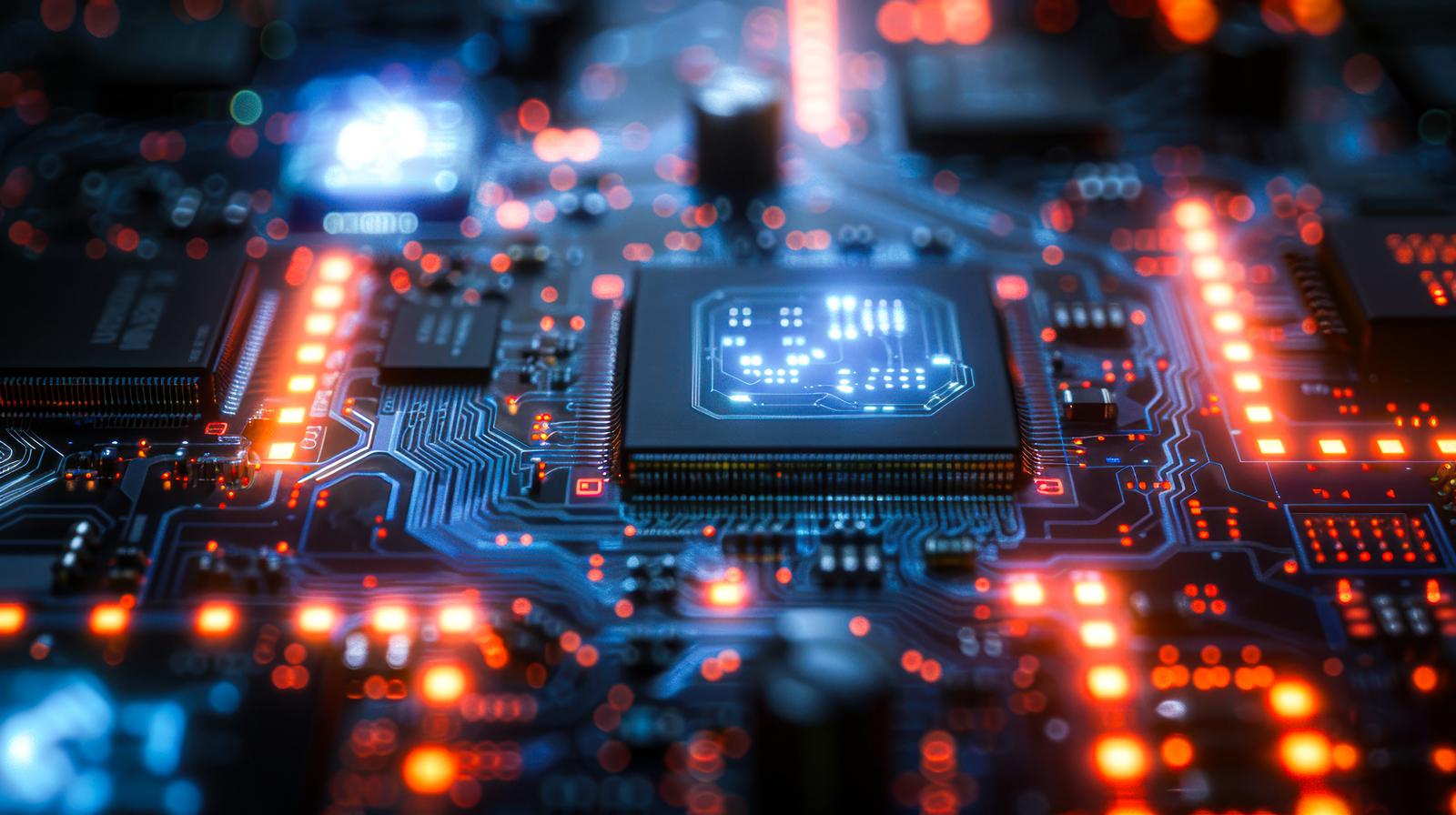 発光する半導体チップと青赤オレンジ色の電子回路